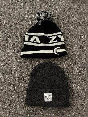ZYIA Black & White Pom Beanie + Charcoal Knit Cuff Beanie - 2 Pack